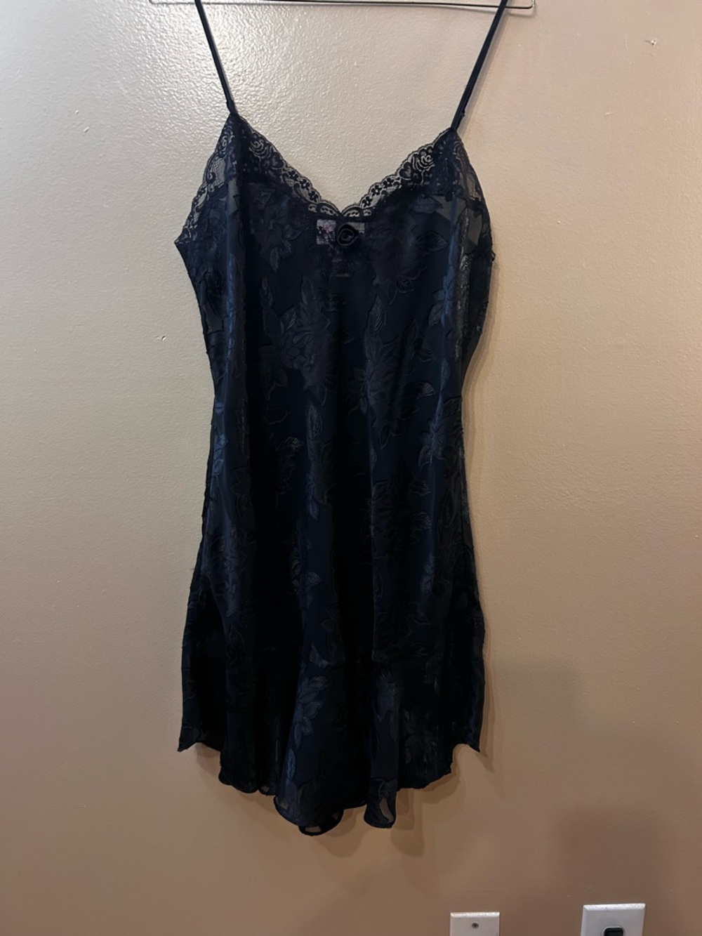 Satin Lace-Trim Chemise Slip in Black
